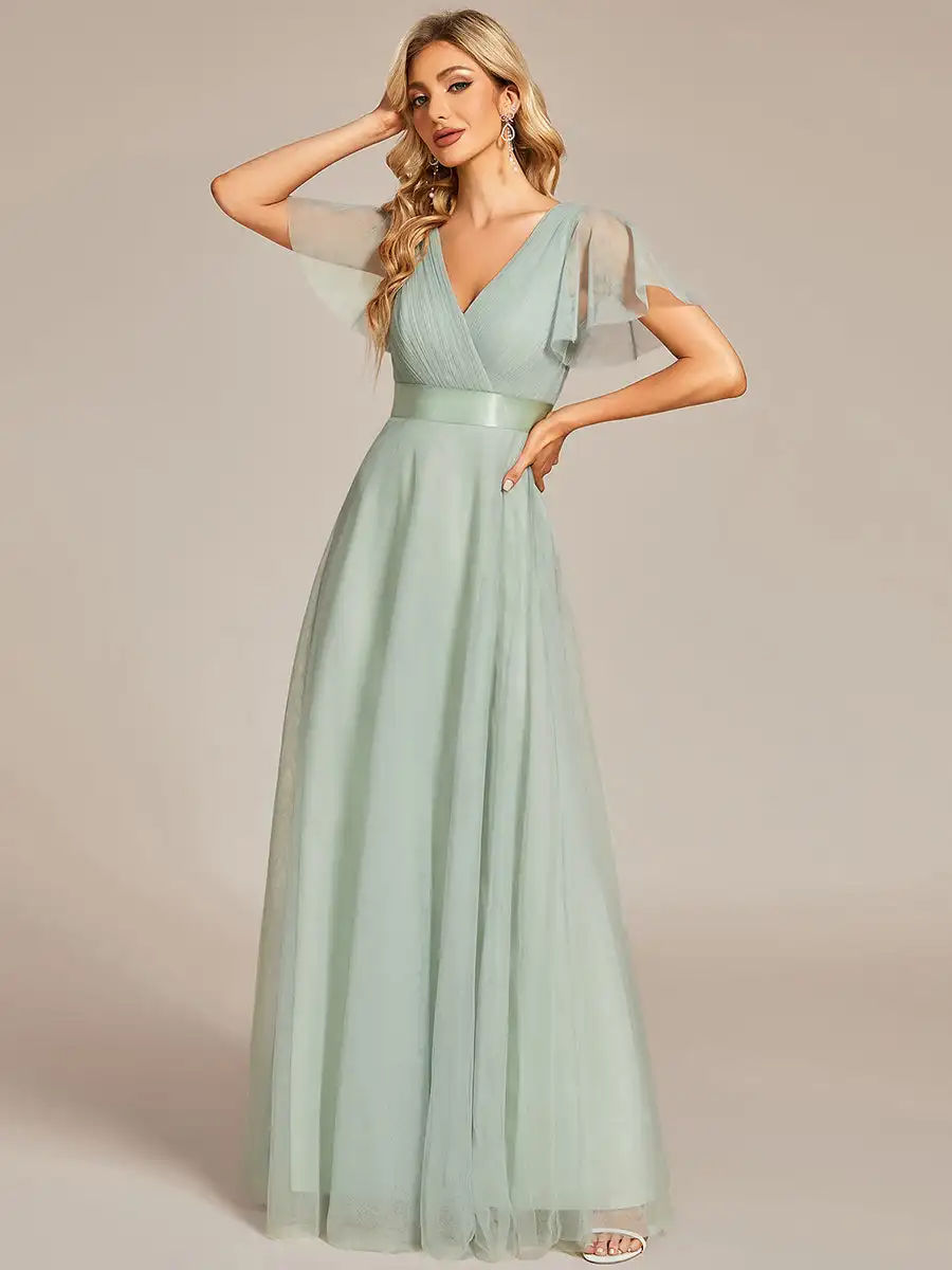 

Elegant Evening Dresses V-Neck Empire waist Hide zipper Floor length 2025 Ever Pretty of A-Line Mint Green Bridesmaid dress