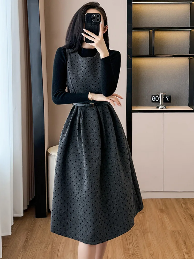 

Весенний элегантный модный комплект из двух предметов, женский эластичный вязаный пуловер, топы + твидовый повседневный жилет в горошек, костюм миди