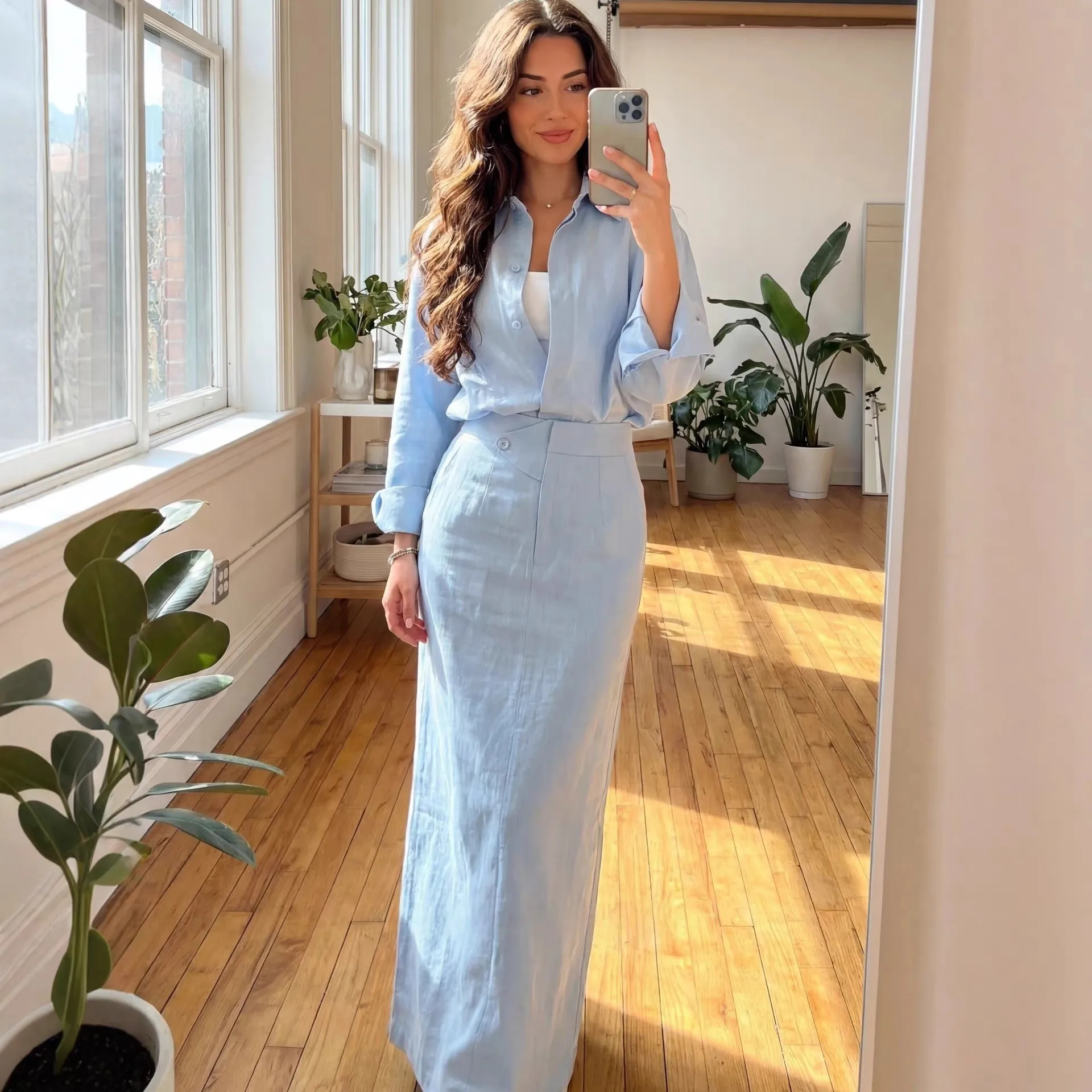 

Elegant Women's Muted Green Long Sleeve Shirt Dress Summer Outfit with High Waist Skirt Set Matching White Two-Piece Ensemble