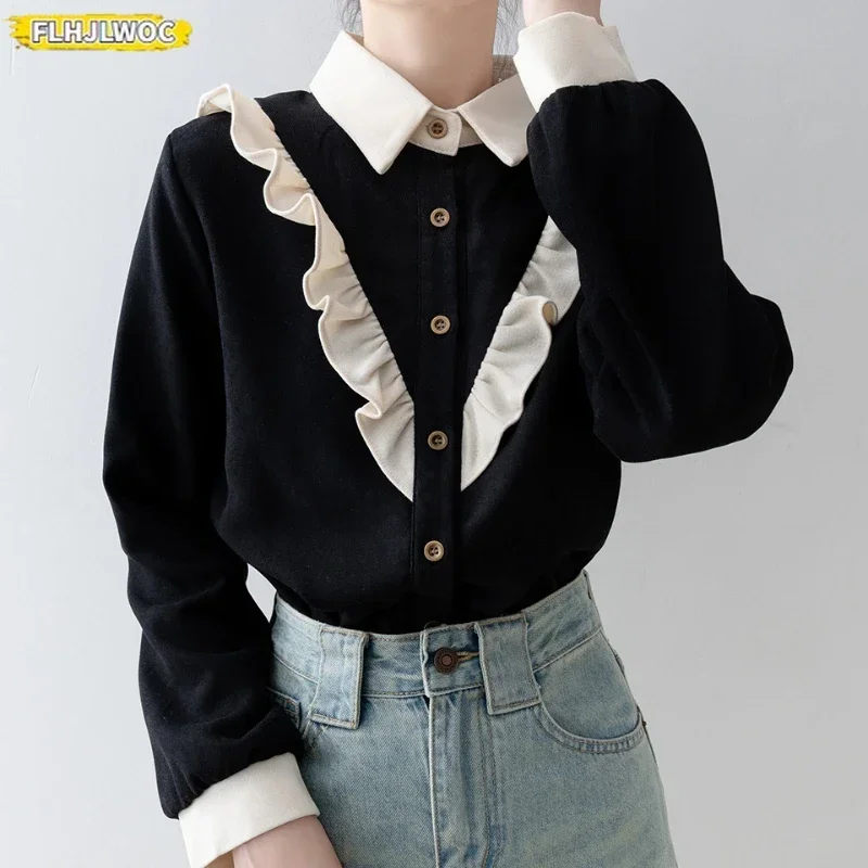 Warm Winter Velvet Inside Tops New Women Long Sleeve Patchwork Fake 2-Piece Design White Collar Black Button Ruffle Basic Shirts