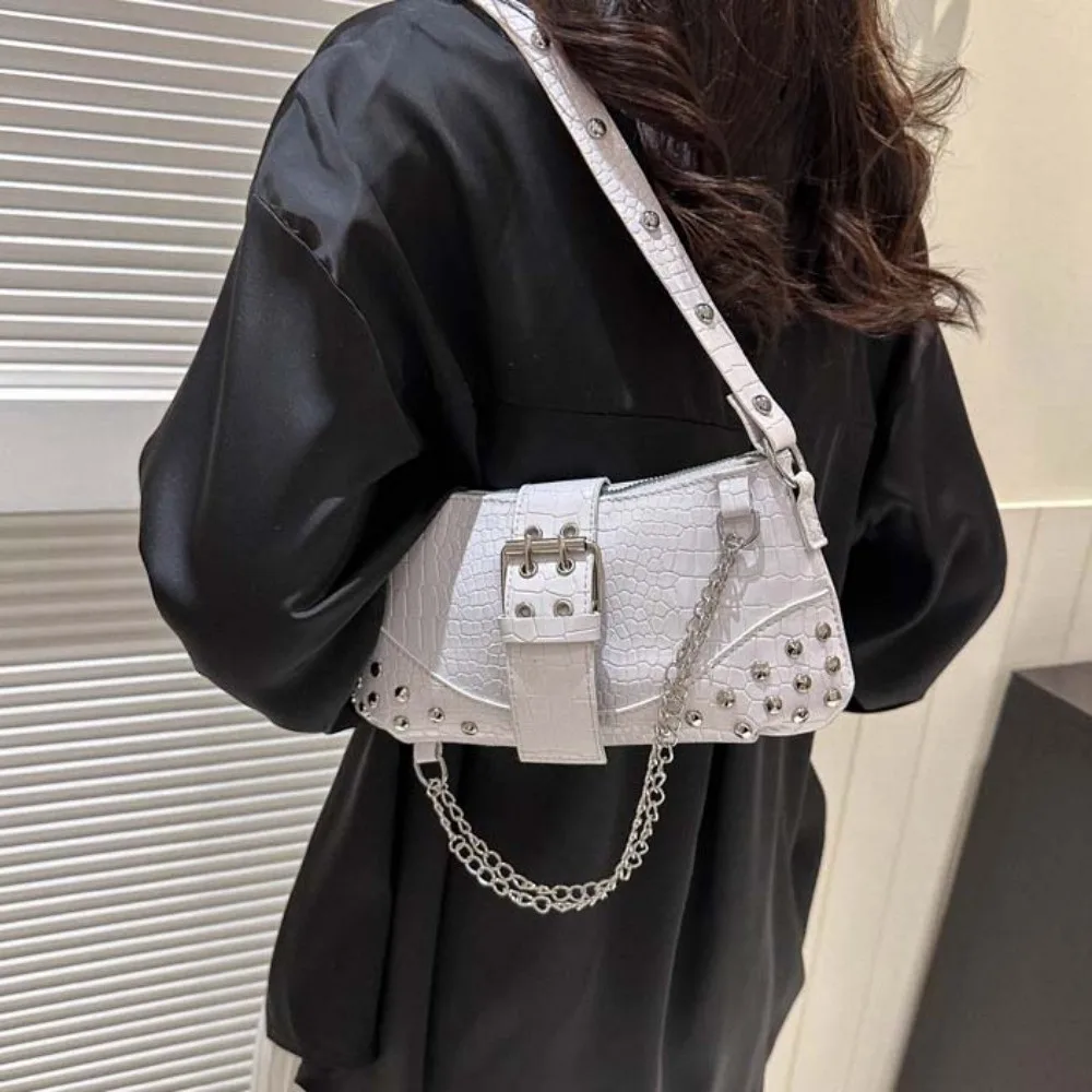 

Y2K Crocodile Underarm Bag Large Capacity Solid Color PU Rivet Chain Handbag Korean Style Magnetic Button Texture Shoulder Bag