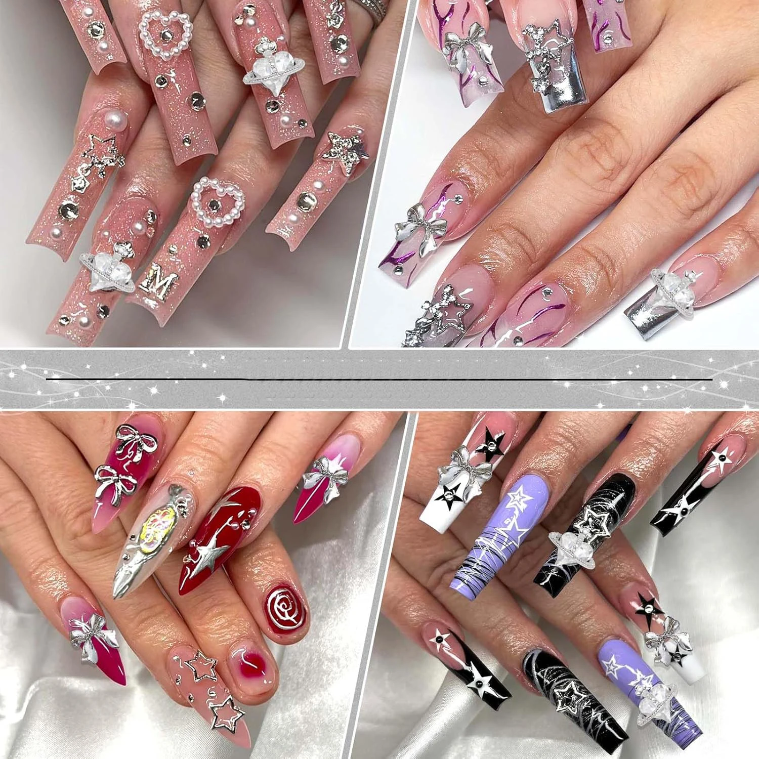 122PCS Star Nail Charms 3D Silver Nail Charms Alloy Bow Charms Crystal Starlight Black Planet Nail Charms Acrylic Bowknot