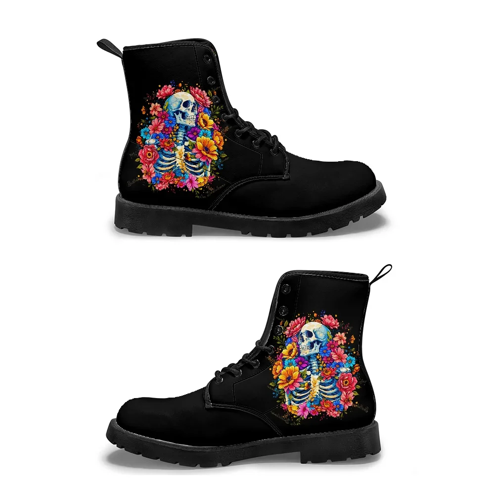 Customizable bright-colored black mid-calf boots with floral and skull prints casual and stylish streetwear boots