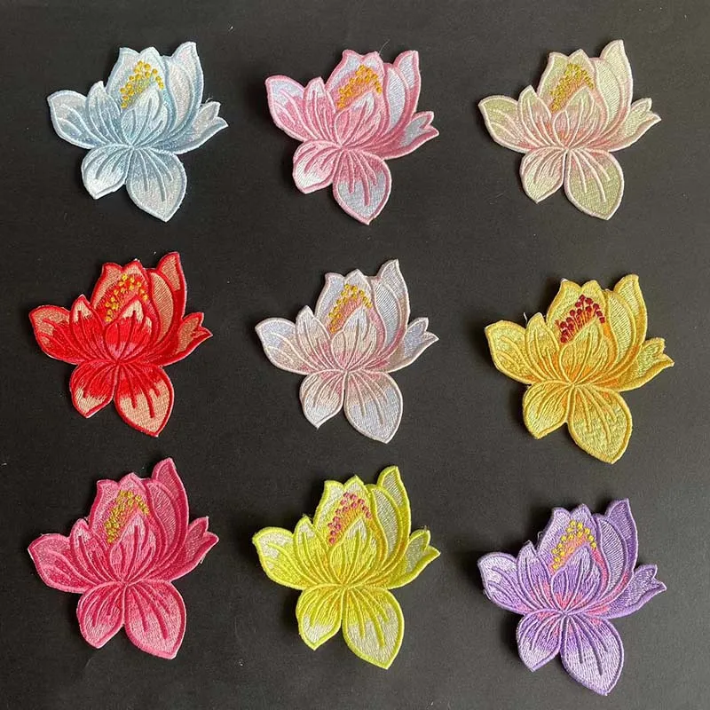 9 Stück, 1 Stück/Lotusblumen-Applikationsaufnäher zum Aufbügeln, Stoffblumen-Stickerei zum Aufbügeln für Kleidung, Kleider, Cheongsam – Detail 3