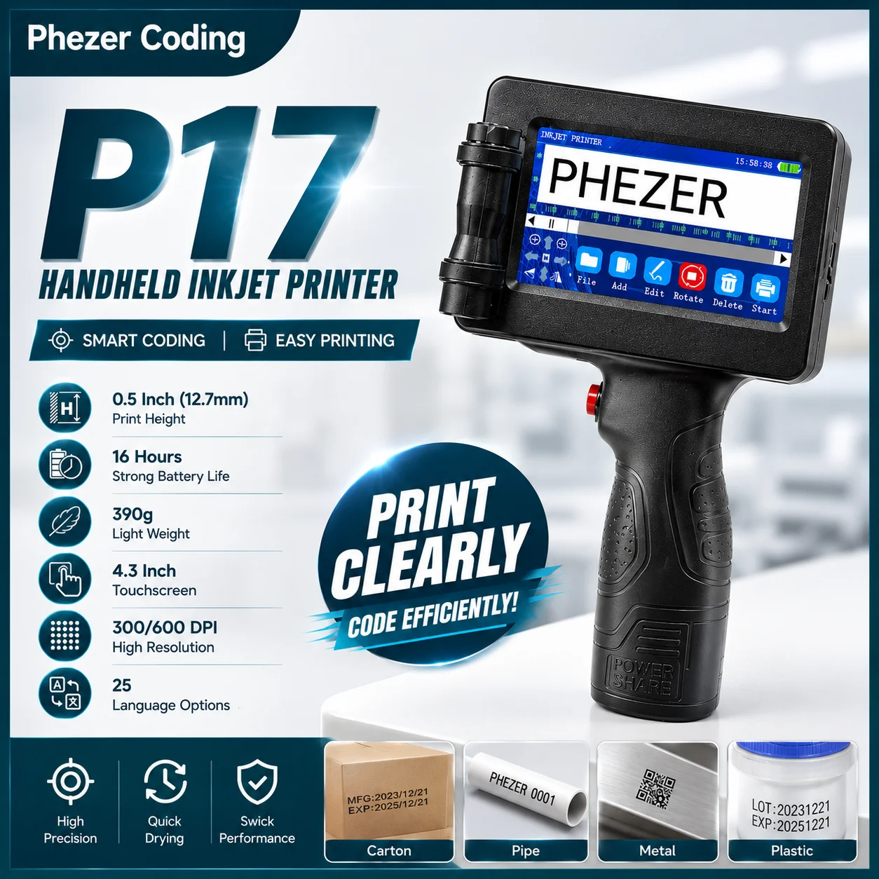 Phezer 1755 Handheld Inkjet Printer 12.7mm Portable Label Printing Machine Expiry Date Number QR Bar Code Logo Red Blue Black