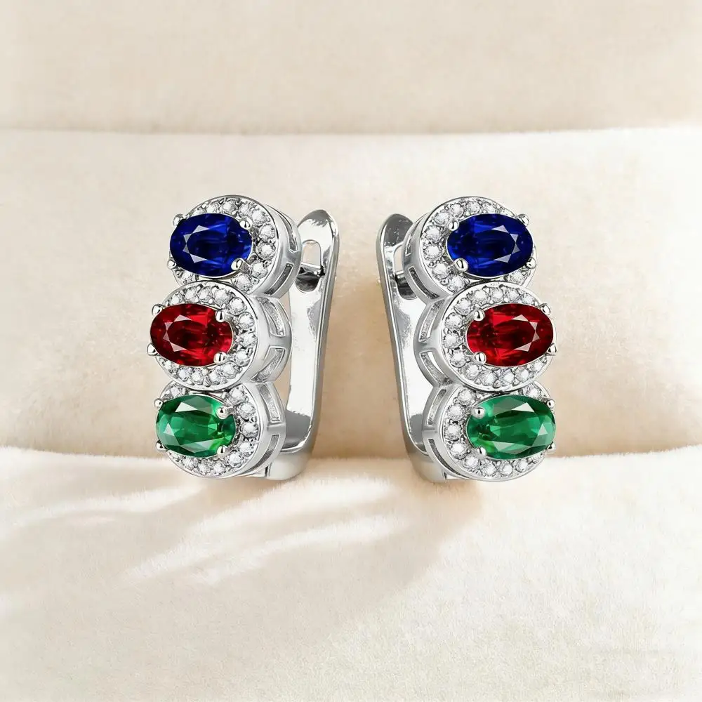 Oval Rainbow Round Hoop Earrings For Women Gold Silver Color Female Colorful Zircon Bridal Ear Buckle Party Jewelry Mother Gifts