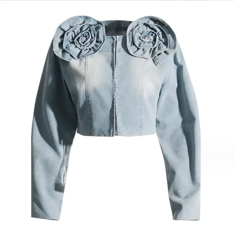 Spliced Spiral Floral Denim Jacket Women Casual Short Coats Round Neck Long Sleeve Designer Vintage Jacket Female Clothing w836