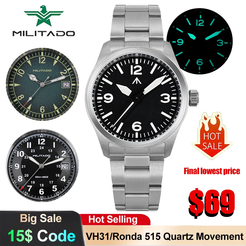 Militado ML08 Vintage Quartz Watch VH31/Ronda 515 Movement Double Sapphire Men's Watch 100m Waterproof Luminous Military Watch