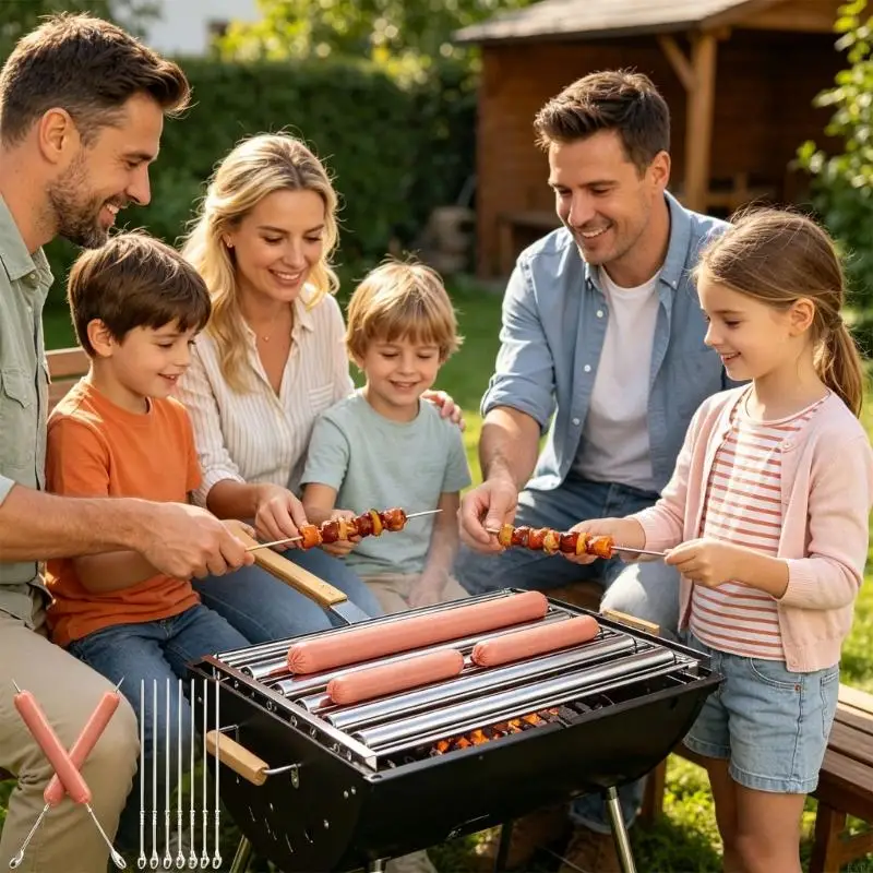 Large 9.45 Unit Metal Cooking Tool With Extended Wooden Handle And 4 Skewers For Outdoor BBQ KXRE
