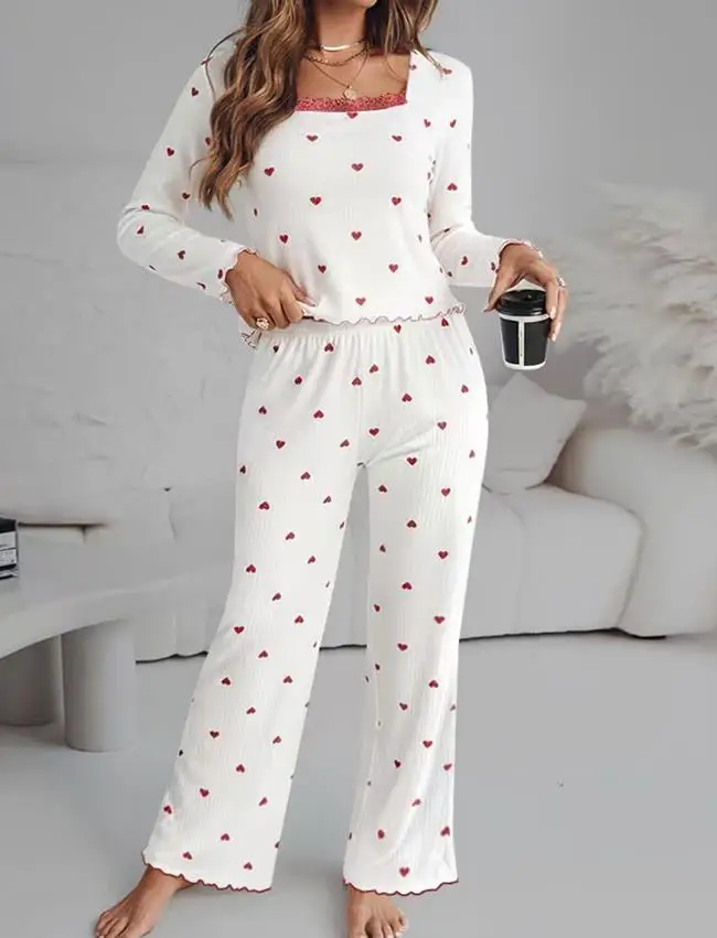 

Two Piece Set Women Outfit 2025 Spring Autumn New Red Heart Print Square Neck Long Sleeve Top & High Waist Casual Pants Set