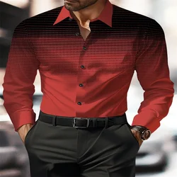 Four Seasons Men's Suit Lapel Fashion Shirt Red Gradient Plaid Long Sleeve High Quality Fashion Casual Soft Comfortable Large Si