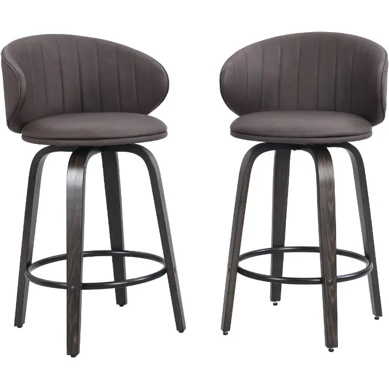 Modern Bar Stools Set of 2 Mid Bentwood Barstools Swivel Faux Leather Stools with Back for Kitchen Counter