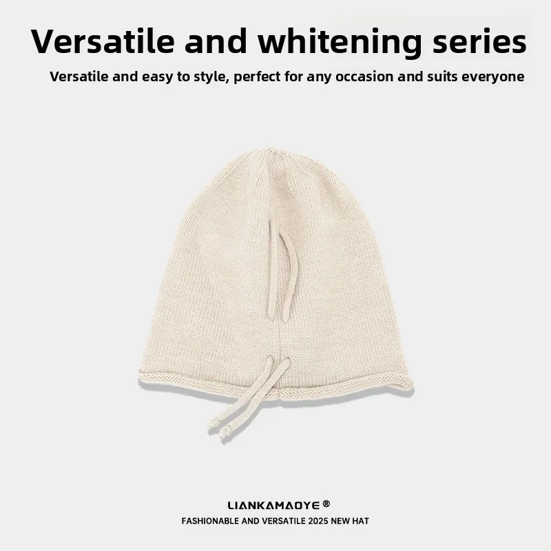 Japanese Style Slouchy Beanie for Women, Drawstring Cuffed Knit Hat, Large Head Wrap Hat Face‑flattering for Autumn Winter