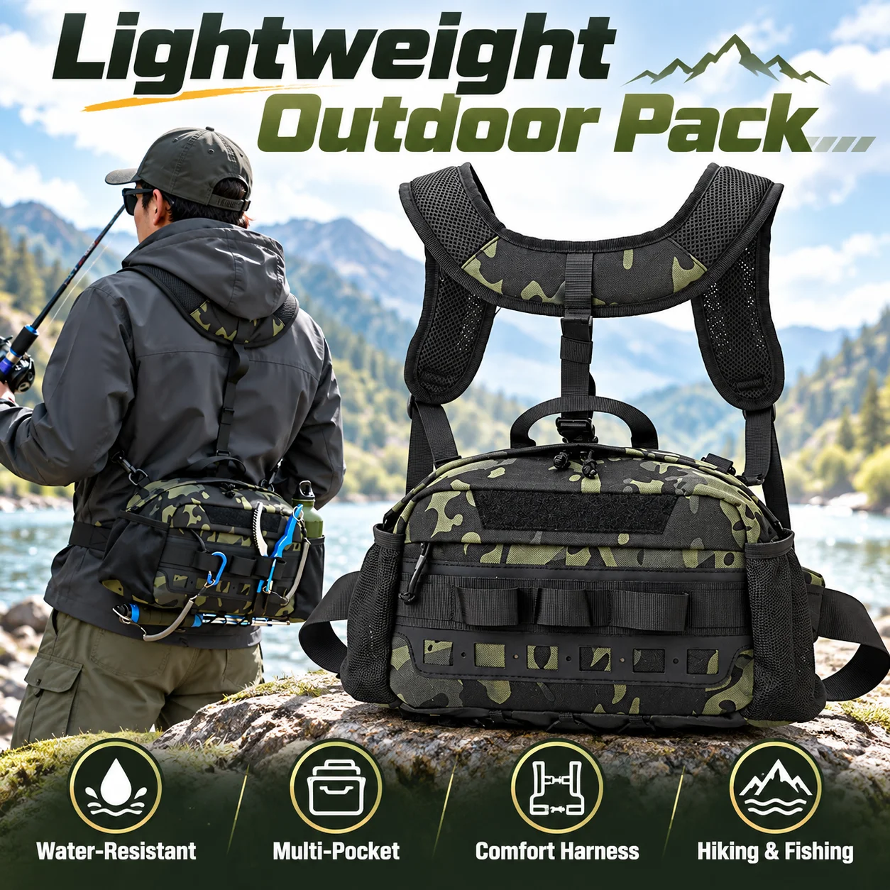 Men's Fishing Bag Molle Waist Pack Lightweight Hiking Backpack Outdoor Camping Travel Utility Fanny Pack Multi Pocket Storage