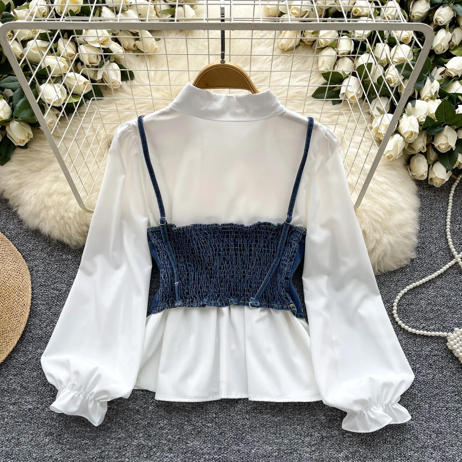 Chic Two-piece Sets Sweet Puff Sleeve Basics Shirt Slim Butterfly Embroidered Vest High Street Women Spring Autumn Clothing