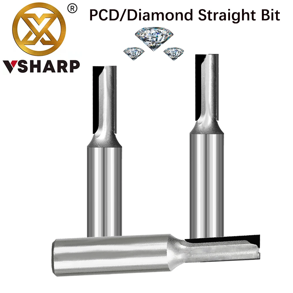 Vsharp-broca recta PCD para fresadora de diamante, enrutador recto de doble filo, tablero de melamina, tablero de silicato de calcio HPL, MDF