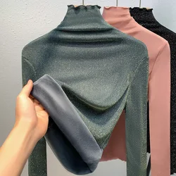 Bright Silk Glitter Pink Mesh Long Sleeved High Necked T-shirt As A Base, Women's Plush and Thick Insulation Lining Y2k Top