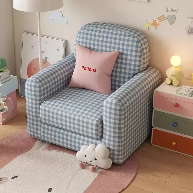 Blue White Checkered Fabric Single Sofa Chair Modern Upholstered Armchair for Living Room Bedroom Hotel