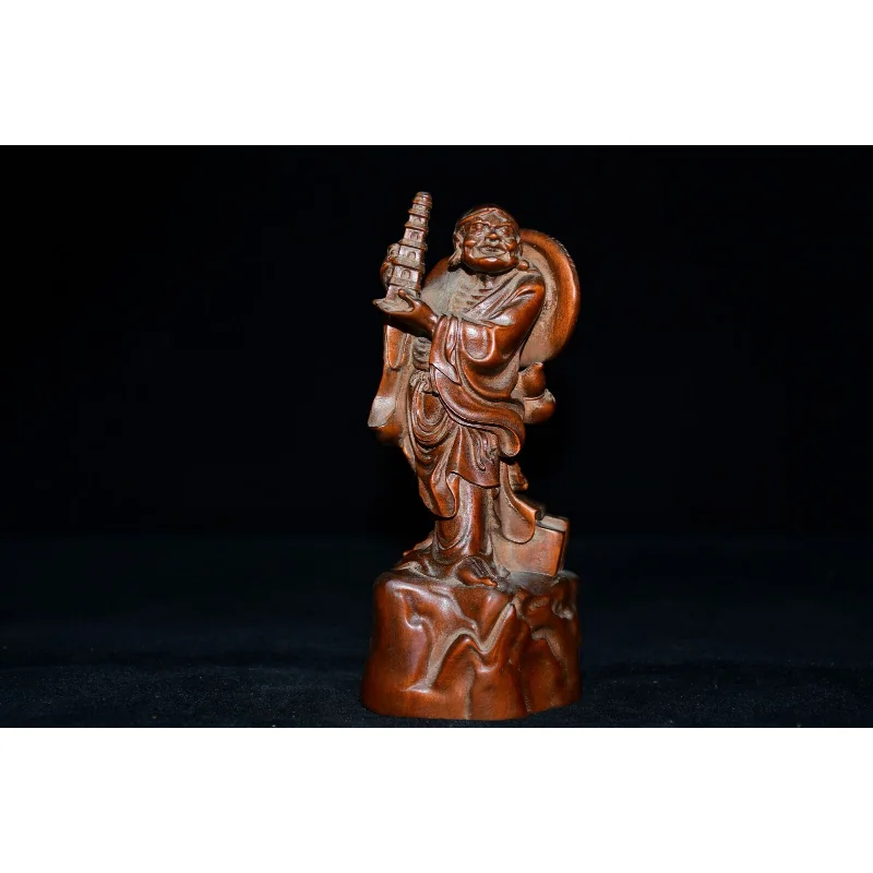 

5.5" Collection Chinese Box-wood Carving Buddhism Totta Arhat Stand Statue Craft Gift Decoration Home Decore