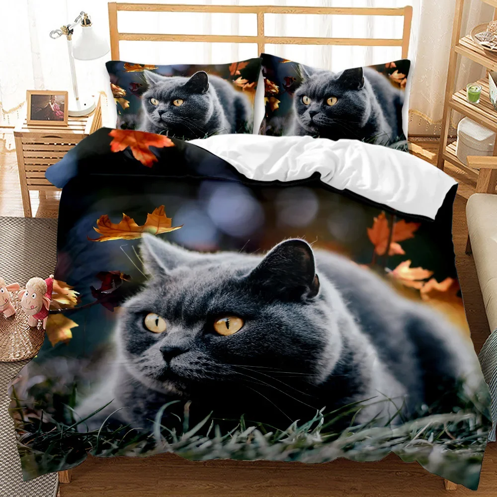 Cat Duvet Cover Set Lying Blue Cat Twin Bedding Set Kids Cute Kitten Comforter Cover Autumn Maple Leaves Polyester Quilt Cover