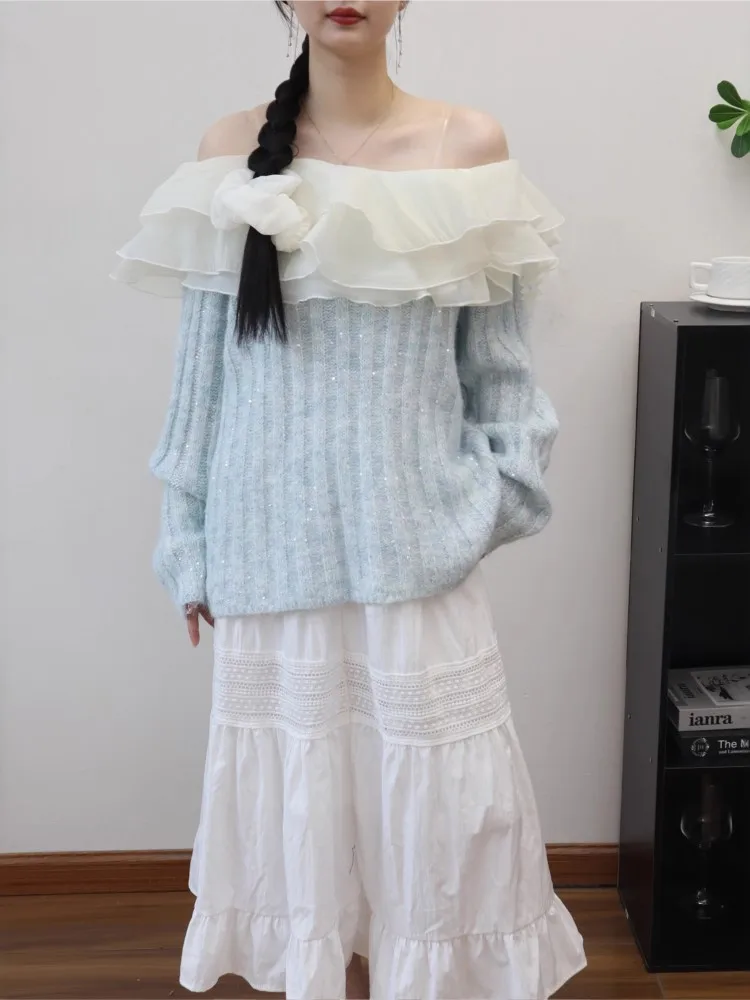 

Knitted Sweaters Ruffle Pulls Femmes Patchwork Fall Clothes Comfortable Pullovers Loose Simple Style All-match Commuting Casual