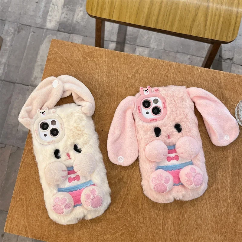 3D süße Cartoon flauschige Fell Hasenohren Knopf Plüsch Handyhülle für iPhone 16 15 14 13 12 11 Pro Max stoßfeste Schutzhülle