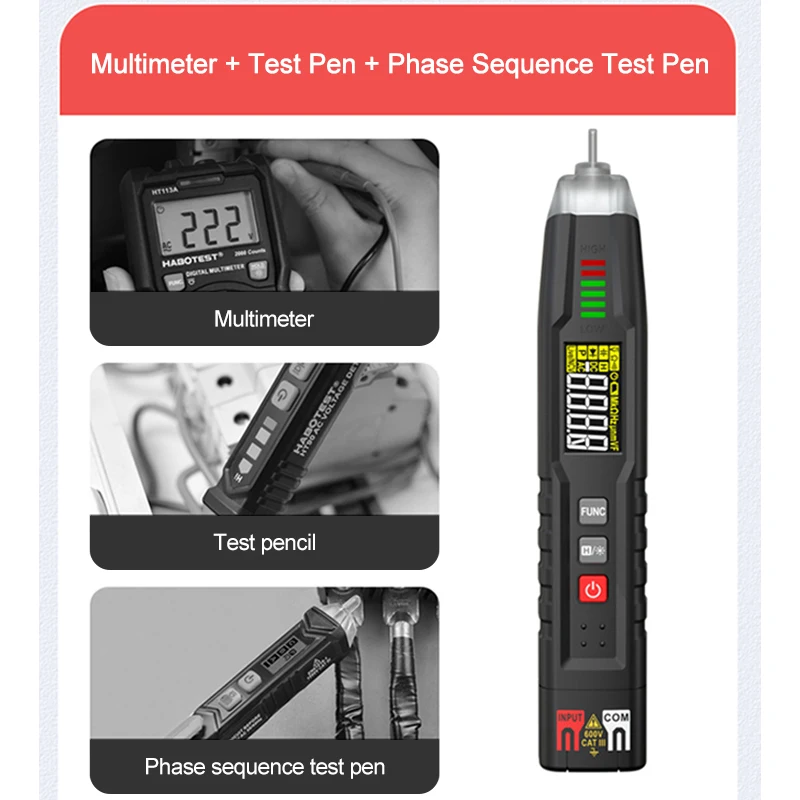 Smart Pen Type Digital Multimeter Auto Range 4000 Counts True RMS DC AC Voltage Tester NCV 3-Phase Rotation Detector Multimeter