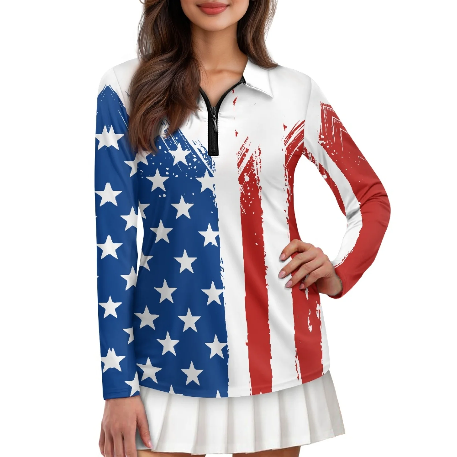 PENSTROLL American Flag Womens Stretchy Zip Polo Tennis Top Lightweight Golf Outfits for Casual