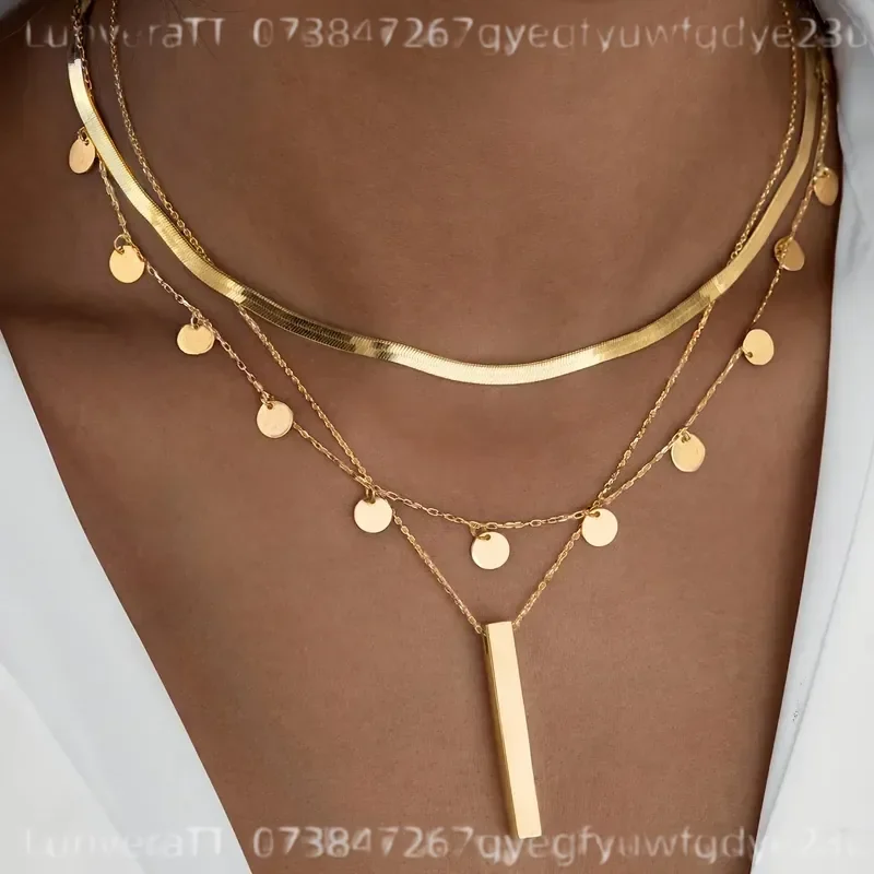 3pcs Vintage Elegant Sexy Mid-century Long Rectangular Pendant Necklace Multi-layered Stackable Collarbone Chain for Women