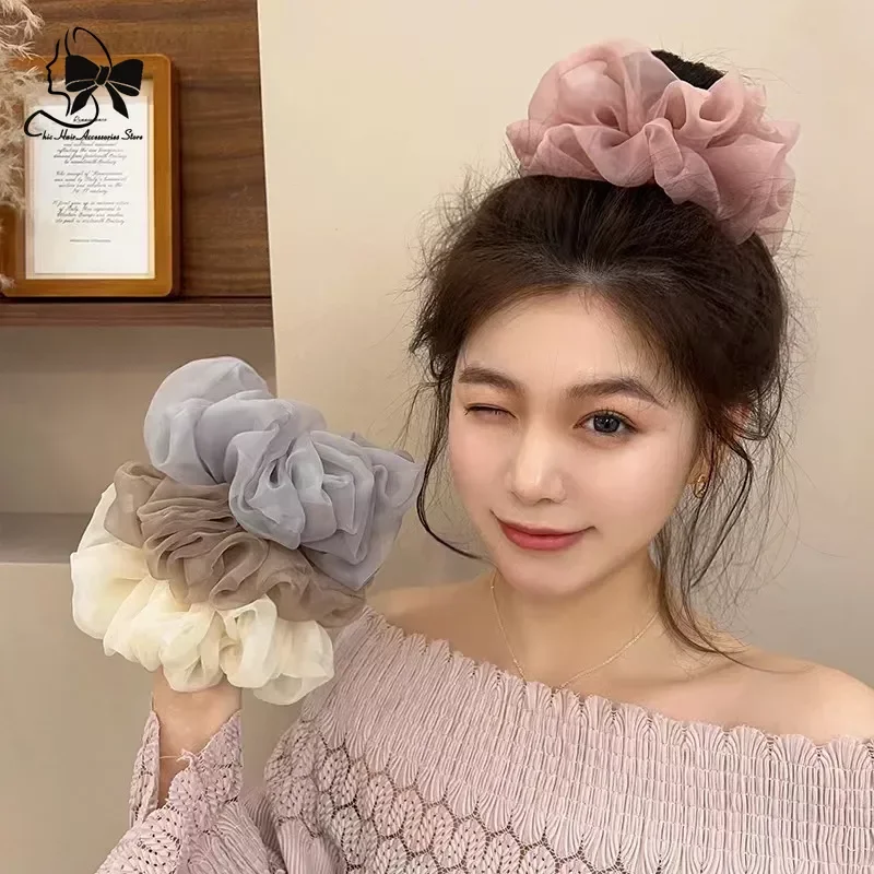 New Luxury Vintage Large Elastic Hair Band Oversized Satin Scrunchies Hair Ties Women Mesh Scrunchy Lady Hair Accessories Girls