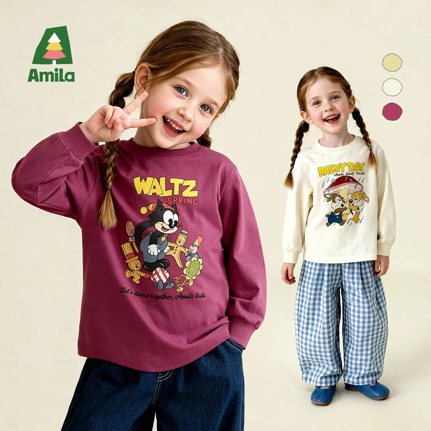 Amila Spring Children's Long Sleeve T-Shirt Cartoon Printed Cute Animal Pattern Fashion Casual Top Available In Multiple Colors