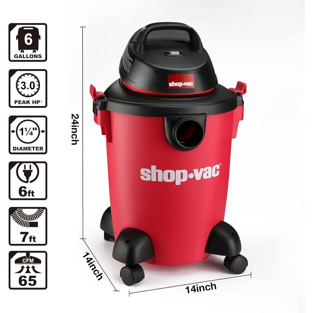 Vacuum Basah Kering 6 Galon, 3.0 HP Heavy-Duty Shop Vac dengan Filter dan Aksesoris untuk Rumah, Garasi, Mobil & Bengkel