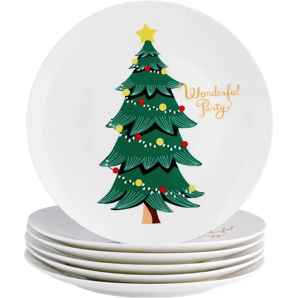 

Christmas Salad Plates - Set of 6, 8 inch Bone China - Dishwasher & Microwave Safe Holiday Tree Dessert Appetizer Plates,Xmas No