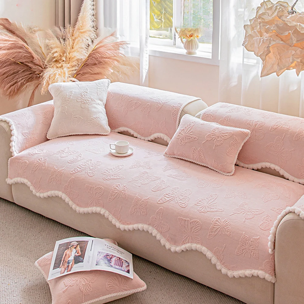 Winter Pink Plush Sofa Cushion Irregular-Shaped Dopamine Anti-Slip Cover Fabric Seat Cushions Universal Sofa Covers Decor Home
