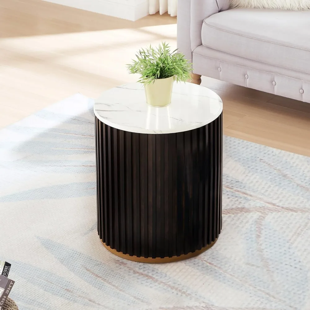 Round Wood End Table with Marble Lid ＆ Hidden Storage, Modern Handcraft Drum End Table, Circle Wooden Ends Tables for Apartment