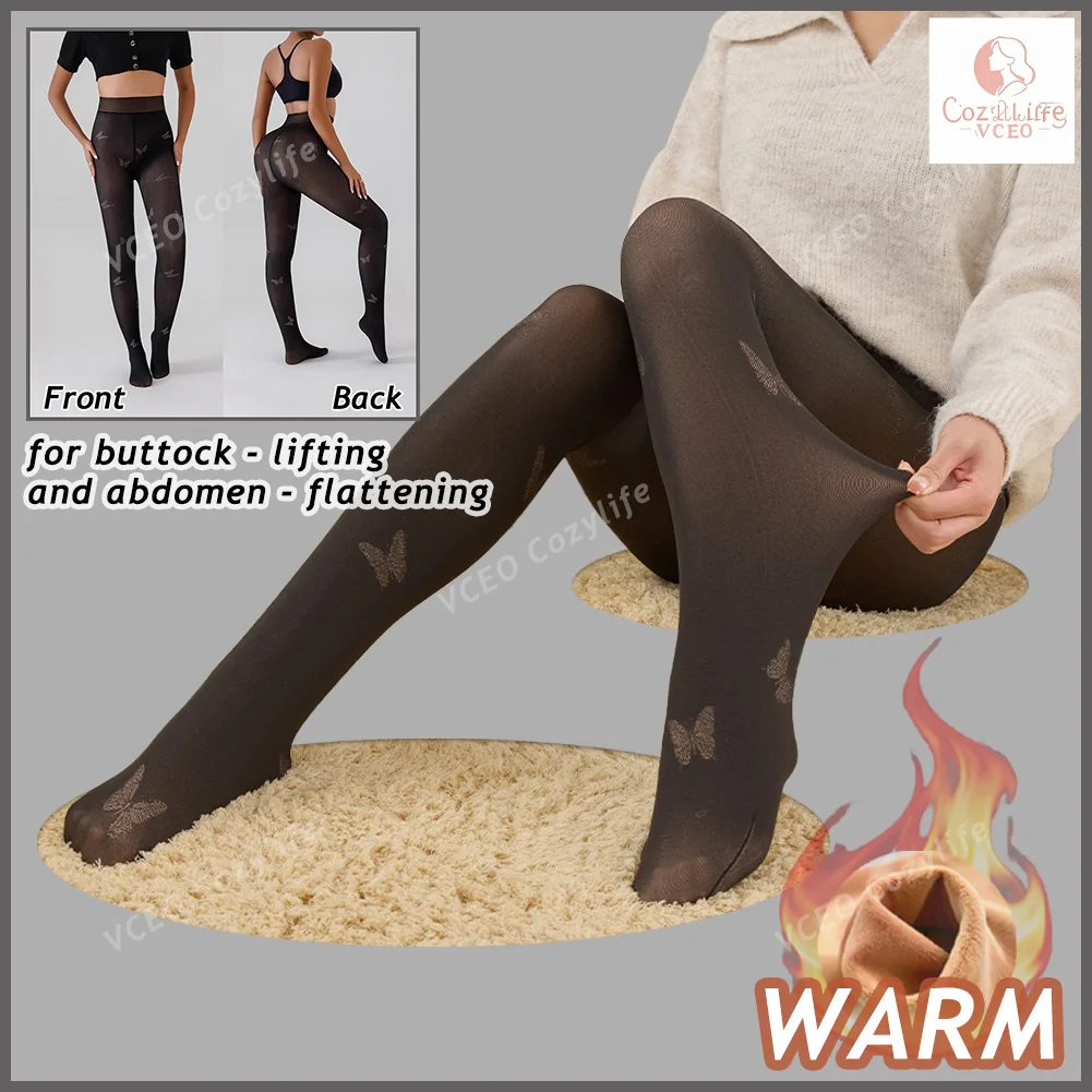 New Outing Warm Fleece-lined Leggings for Women With Butterfly Print One-line Crotch Soft Fleece Lined Tights For Work  Evening