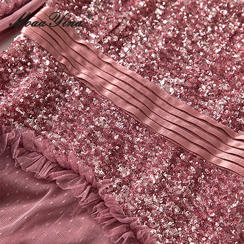 MoaaYina Vestido feminino de malha de renda com decote em V manga lanterna em camadas plissado lantejoulas patchwork S-4XL ﻿