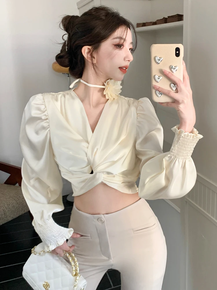 

Women Elegant Fashion Solid Color Chiffon Short Shirt New Autumn Sexy V-Neck Puff Long Sleeve Vintage Female Blouses