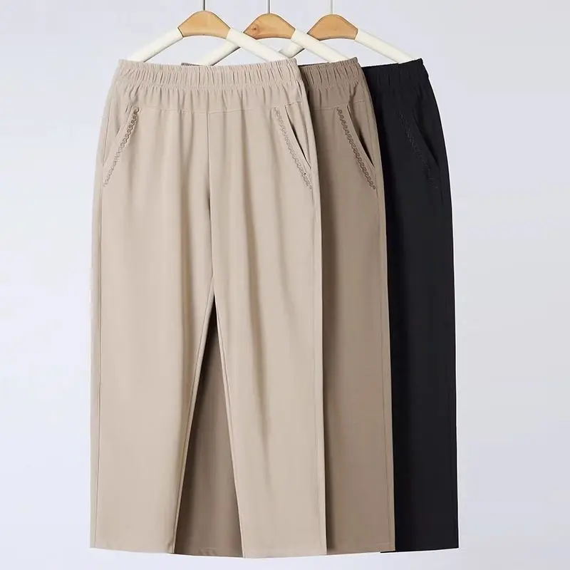 Middle Aged Female Pants Spring Summer Loose Mother Ice Silk Straight Pant Women Elastic High Waist Thin Trousers 5XL W2231