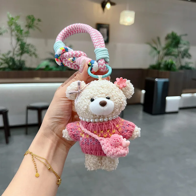 1 stks cartoon schattige trui wollen schoudertas teddybeer pluche pop sleutelhanger speelgoed kamer auto tas decoratie sleutelhangers hanger cadeau