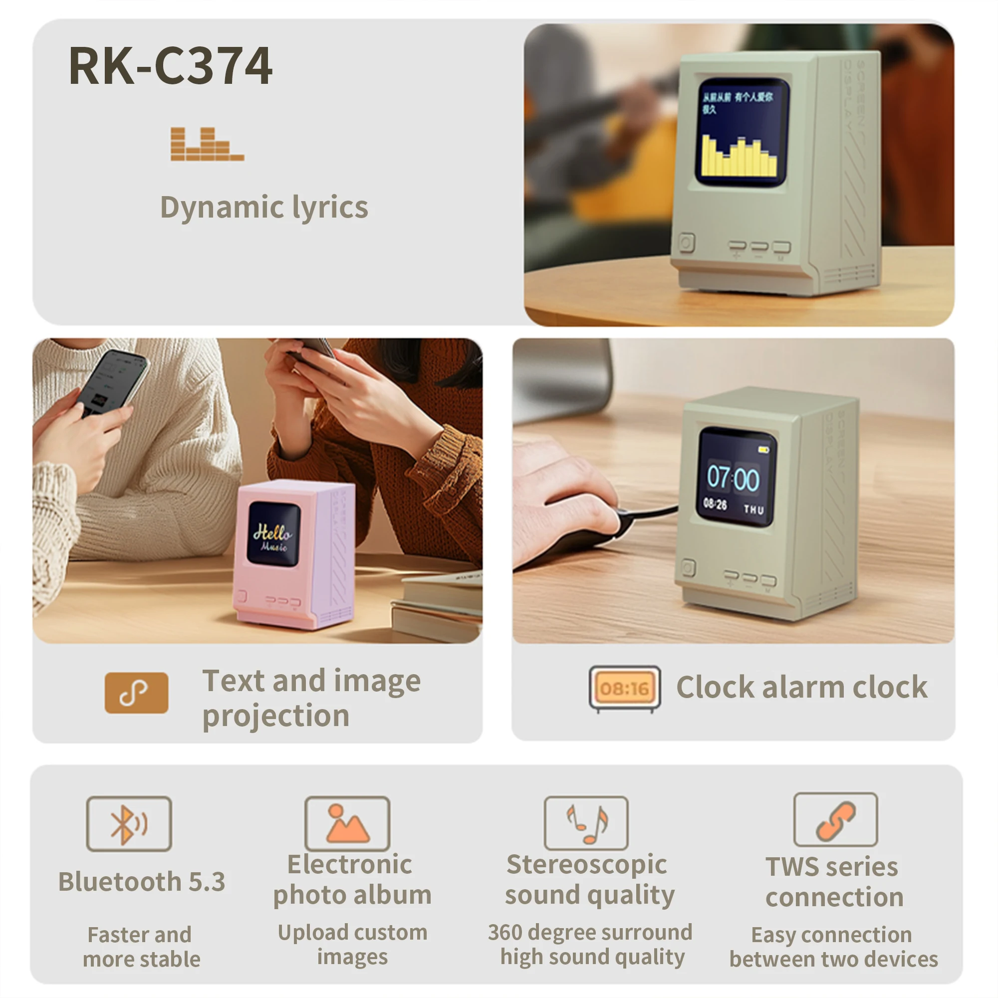Retro Maclock Macintosh Bluetooth Speaker with Dynamic Lyrics Sync Display Alarm Clock and DIY Image Projection Functionality - view 5