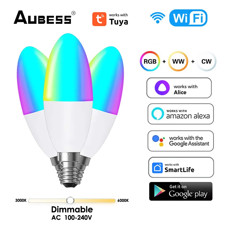 

TUYA Smart WiFi E14 Candelabra RGBCW LED Light Bulb 100-240V Dimmable Magic Lamp Voice Control Alexa Google Home Yandex Alice