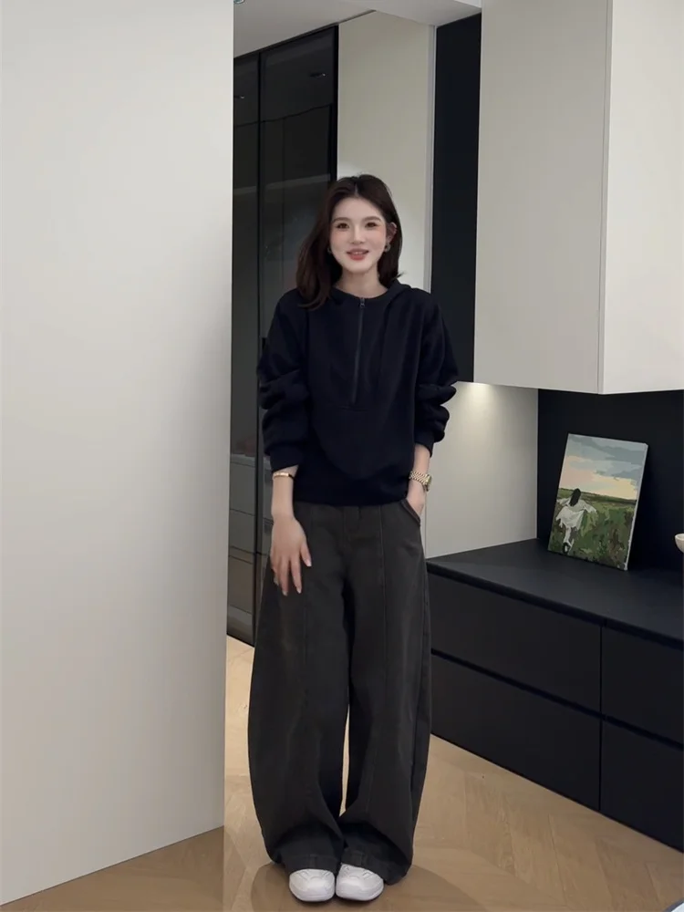 2025 شتاء جديد موضة فضفاضة الدافئة مقنعين سترة قطن عالية الخصر بنطال ذو قصة أرجل واسعة المرأة عادية بلون قطعتين مجموعة #2