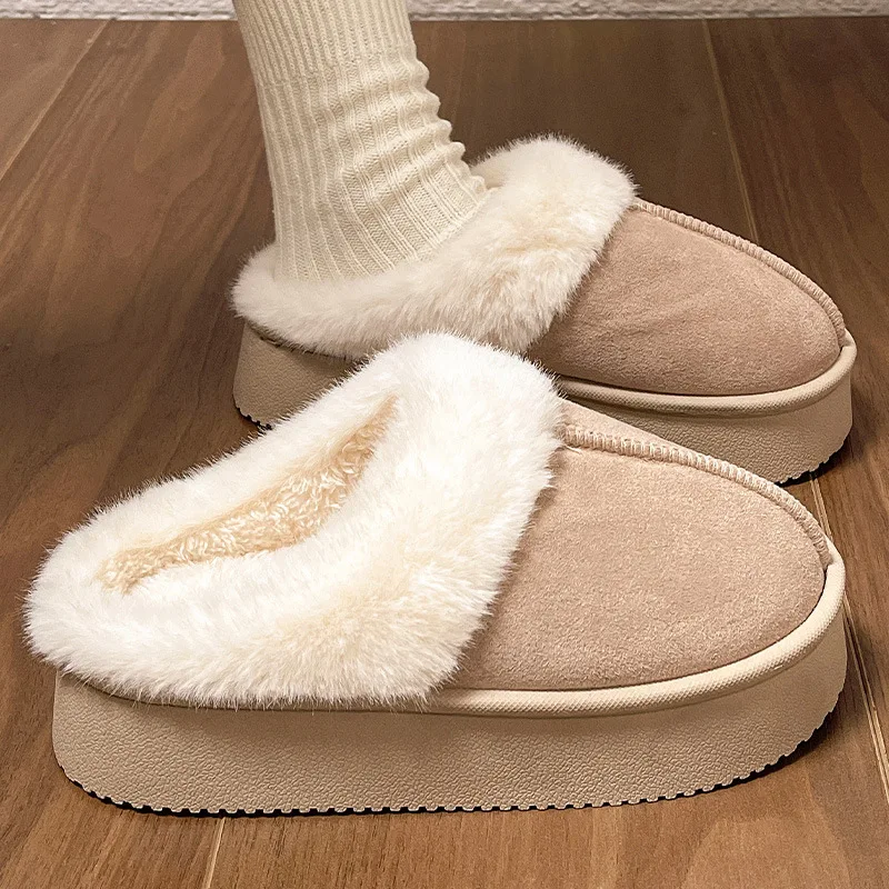 Women's Fluffy Slippers New Plush Warm Platform Shoes For Winter Indoor Heelless Semi-slippers Outdoor Non-slip Cotton Shoes