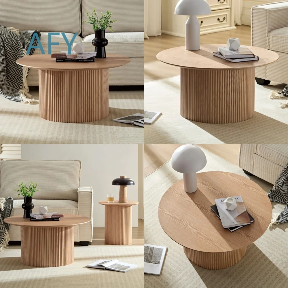 Medieval Italian Minimalist Round Coffee Table for Home Office Living Room with Wood Grain Finish and Primary Color Stripe