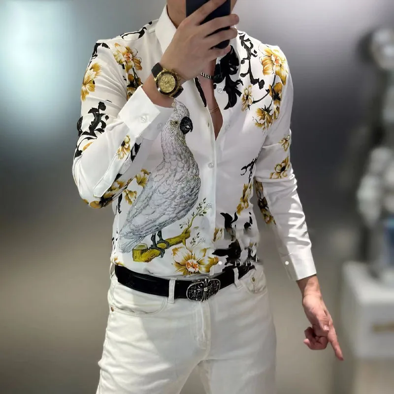 Camisa estampada floral de manga longa masculina, camisa com gola polo de um só peito, roupa casual masculina combina com tudo, nova moda, tendência