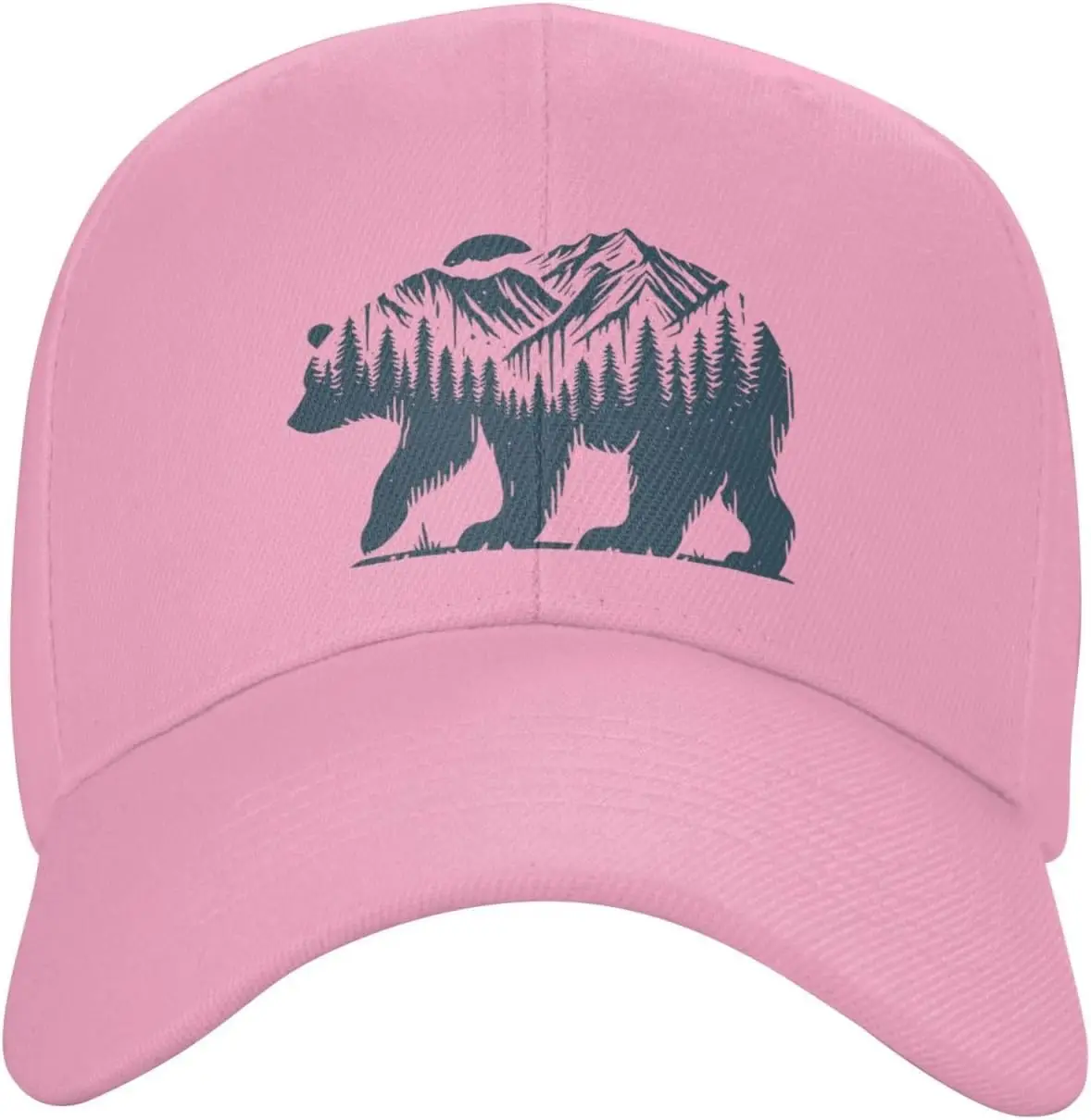 Gorra de béisbol con silueta de bosque de montaña de oso, gorra ajustable informal de poliéster para exteriores para adultos
