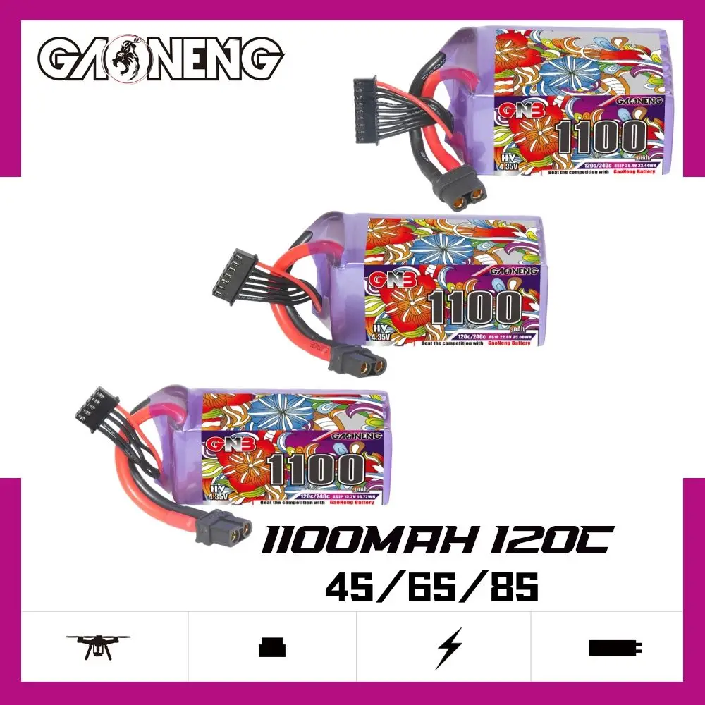 GAONENG 장거리 FPV 레이싱 드론 헬리콥터용 GNB HV LiPo 배터리, XT60 플러그 포함, 1100mAh 4S, 6S, 8S, 15.2V, 22.8V, 30.4V, 120C