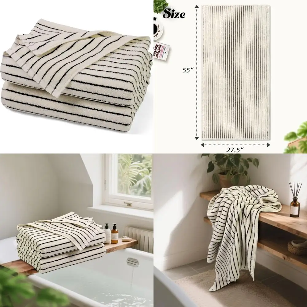 

Pair of Black & White Striped Bath Towels - Large Size, Quick Drying, Ideal for Bathroom, Pool, Shower, Farmhouse Style