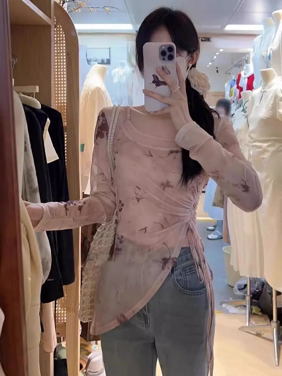 

Elegant Chinese Style Irregular Slim Fit Women's Top Beautiful Lace Shirt Short Sleeve round Neck Printed Casual Fashion